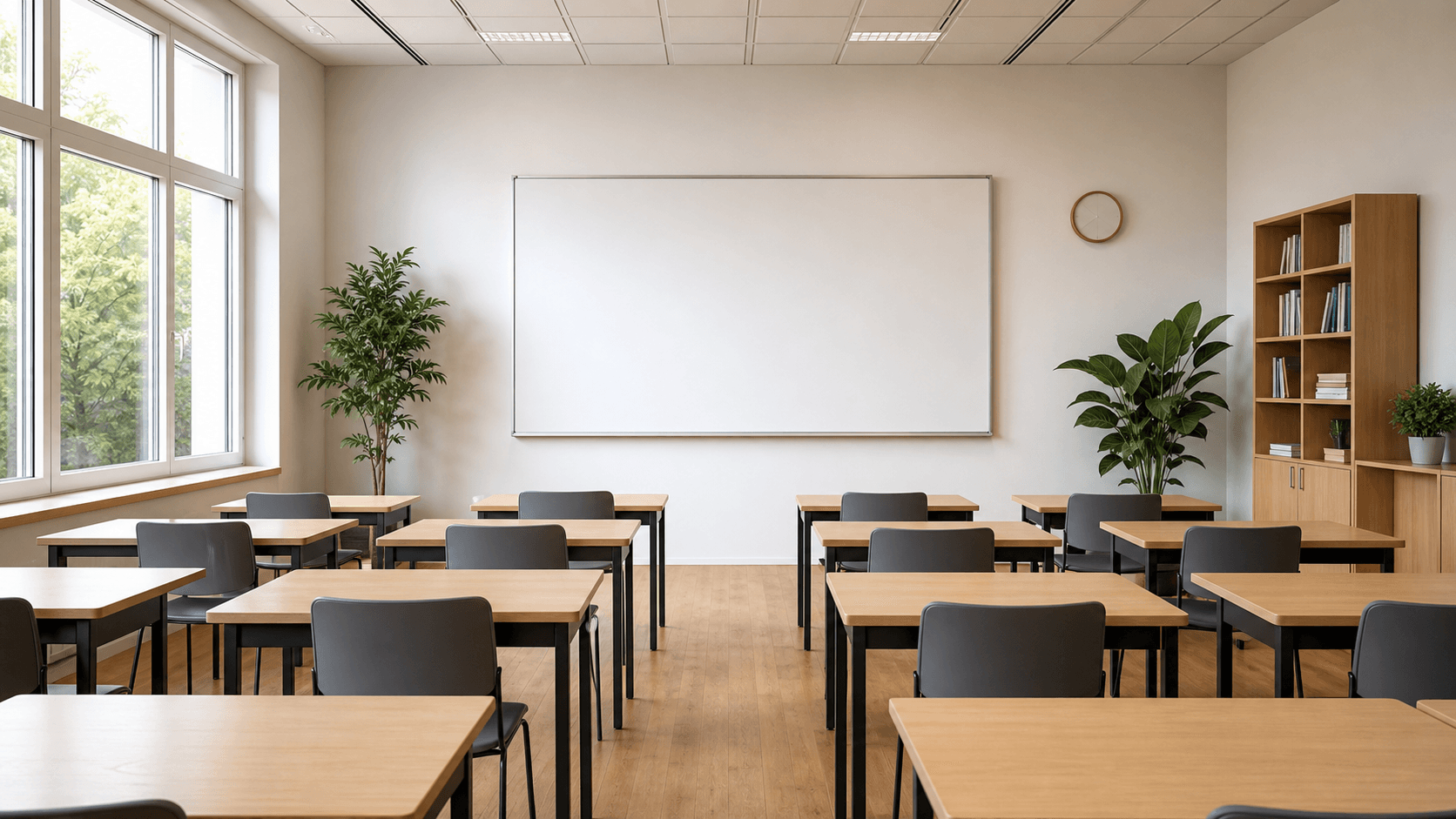 Sala lekcyjna liceum – rzędy ławek, tablica i duże okna
