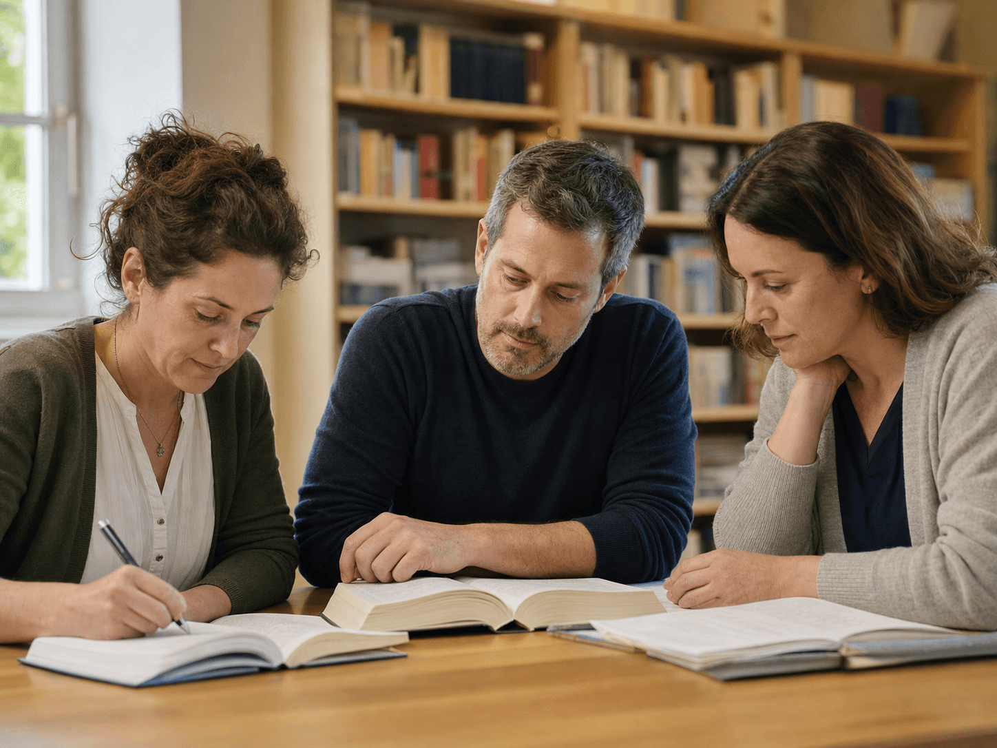 Troje dorosłych uczniów uczy się wspólnie przy stole w szkolnej bibliotece